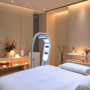 A modern spa room with a white treatment bed, ambient lighting, a high-tech LED therapy machine, and decorative plants and candles on shelves.