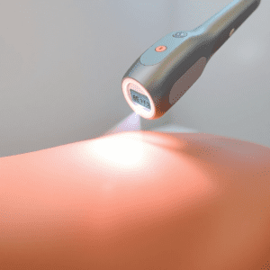 A device emitting a blue light is hovering over a smooth, peach-colored surface, displaying the number "67.113" on its screen.