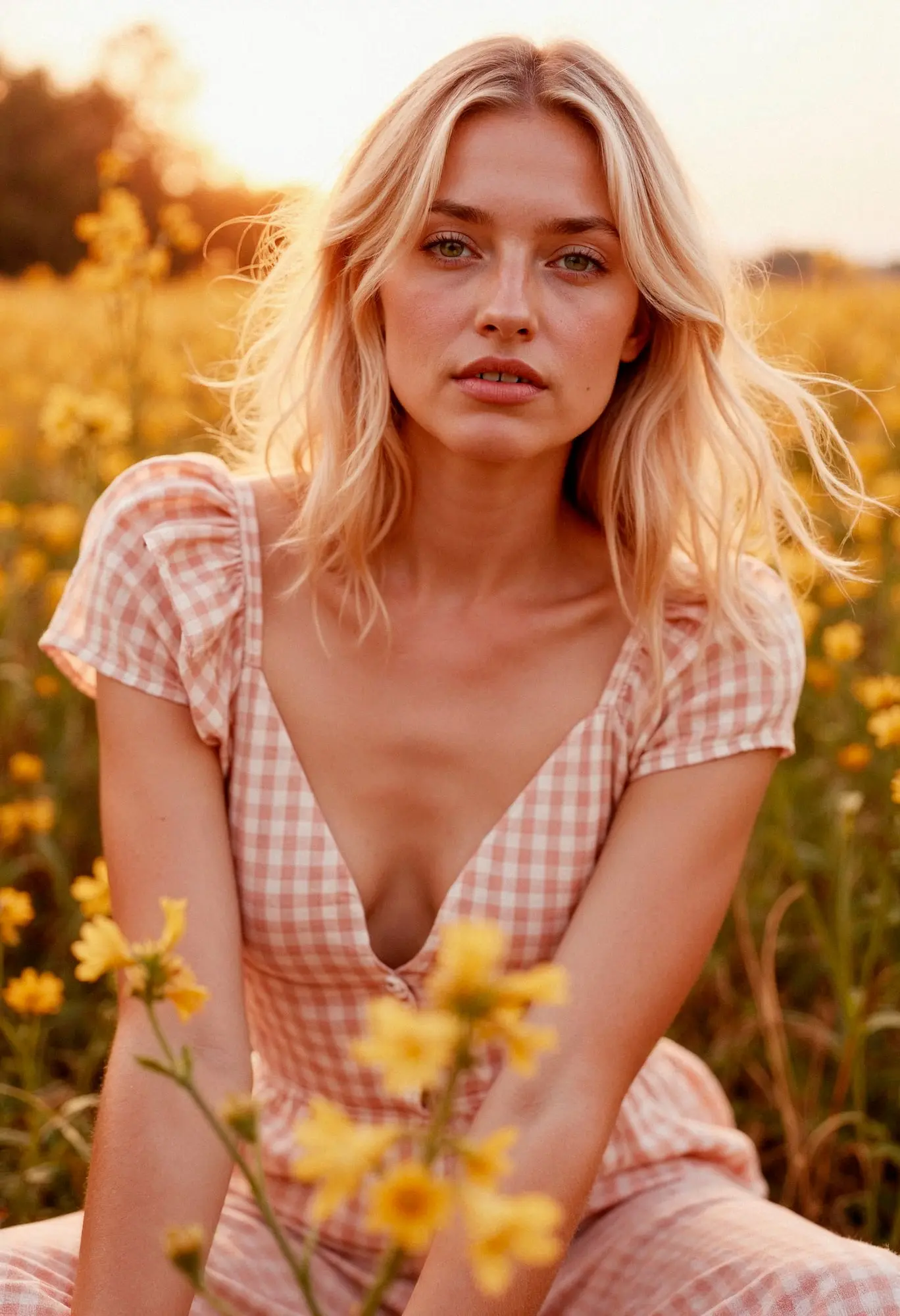 In Cape Coral, FL, a woman with blonde hair and a jawline slimming treatment from Refresh MedSpa sits among yellow flowers.