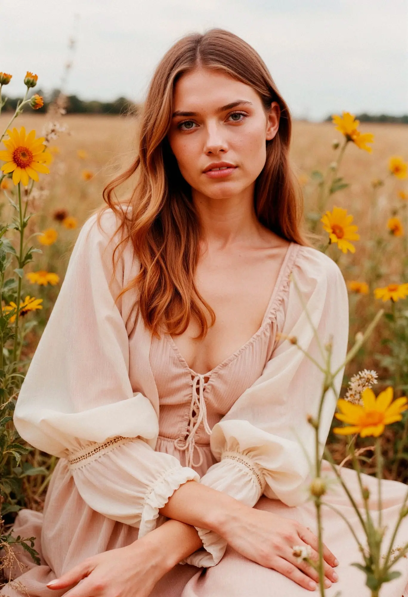 In a field of yellow flowers in Cape Coral, FL, a woman with visible large pores sits in a light dress, for Refresh MedSpa.