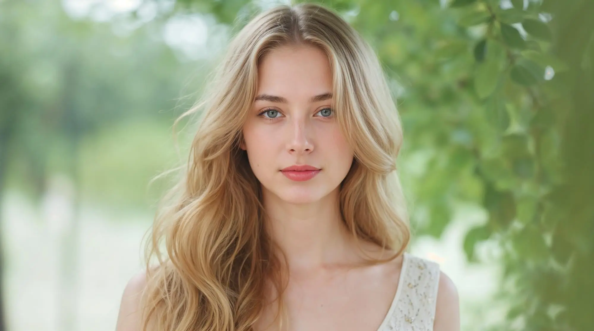 A young woman with long blonde hair stands outdoors in Cape Coral, FL, subtle neck lines visible, at Refresh MedSpa.