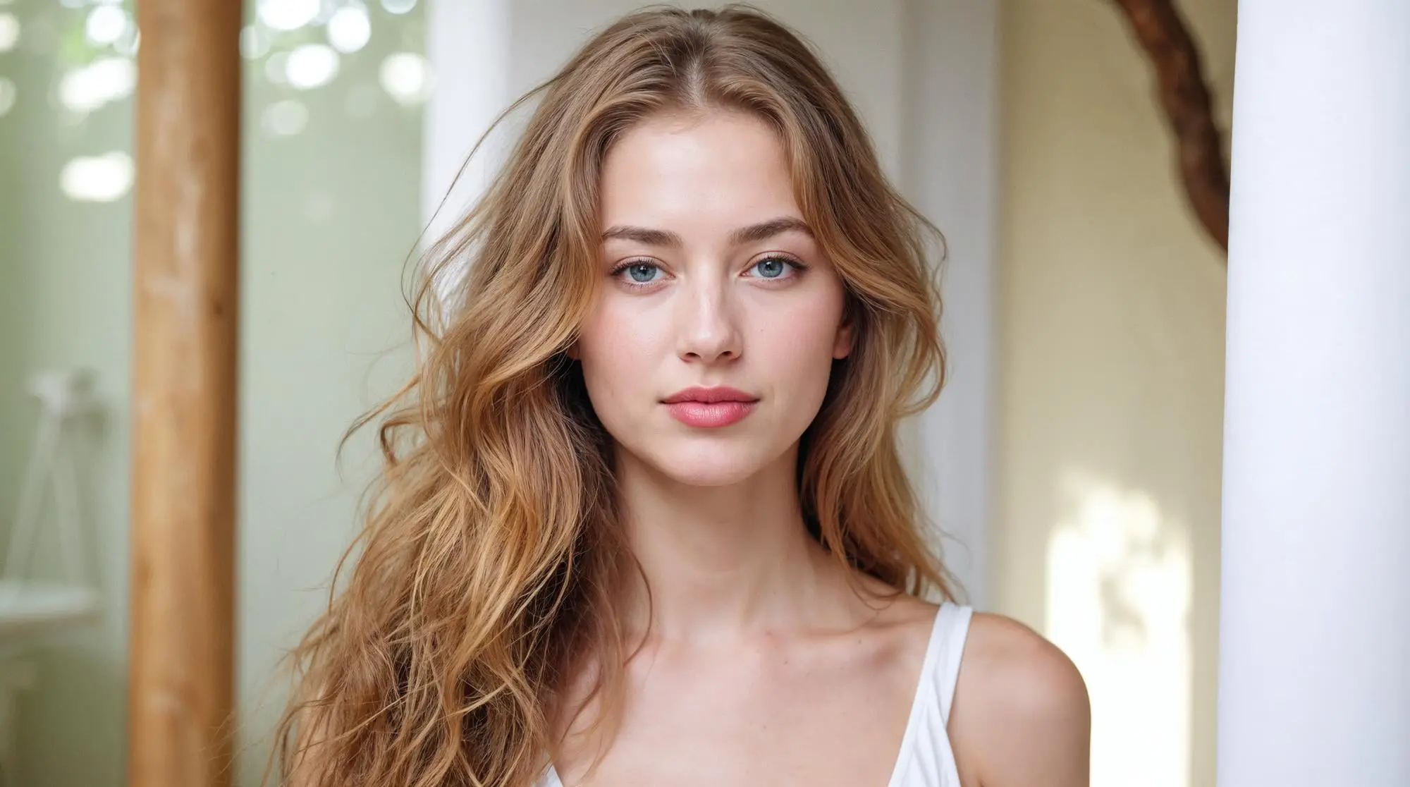 A young blonde woman with blue eyes and mild rosacea stands indoors at Refresh MedSpa in Cape Coral, FL, wearing a white top.