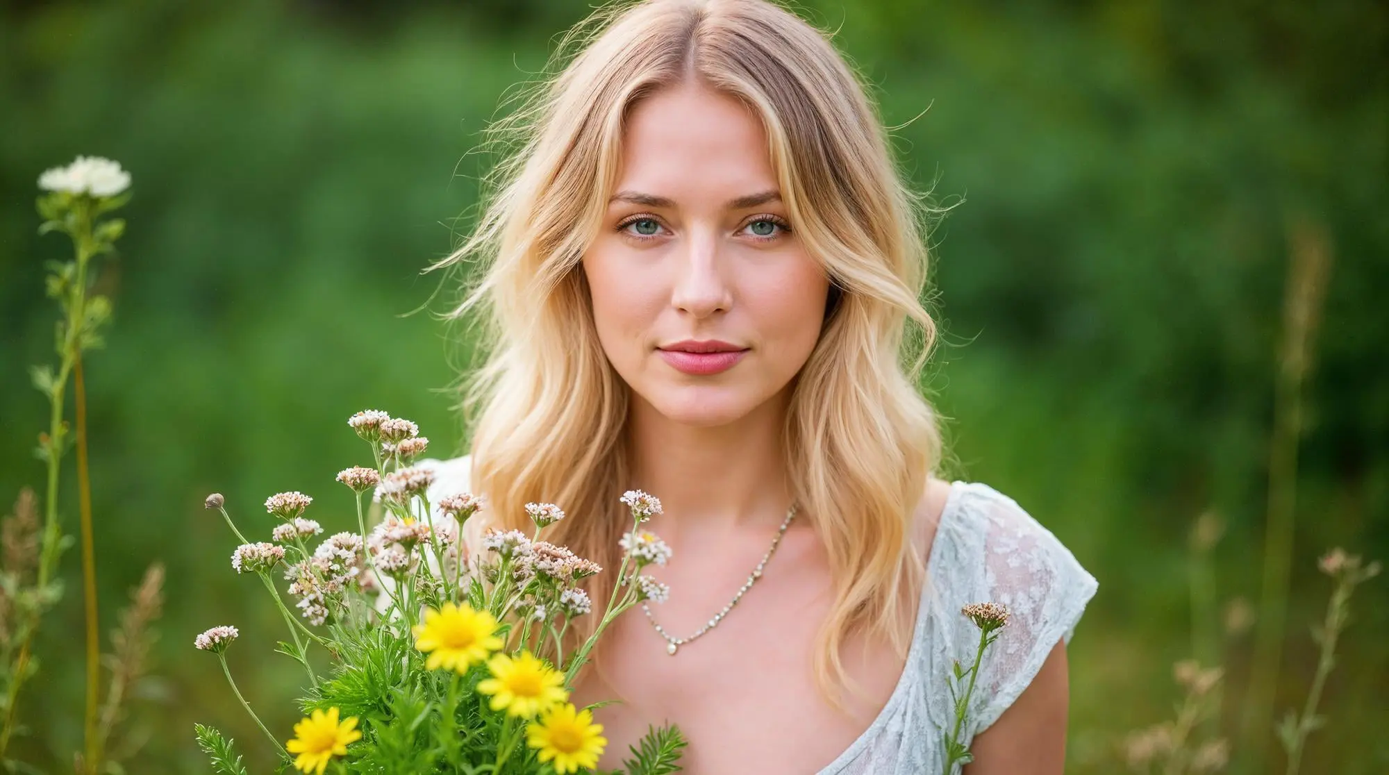 A woman with blonde hair and rosacea stands outdoors in Cape Coral, FL, holding wildflowers; Refresh MedSpa can help.