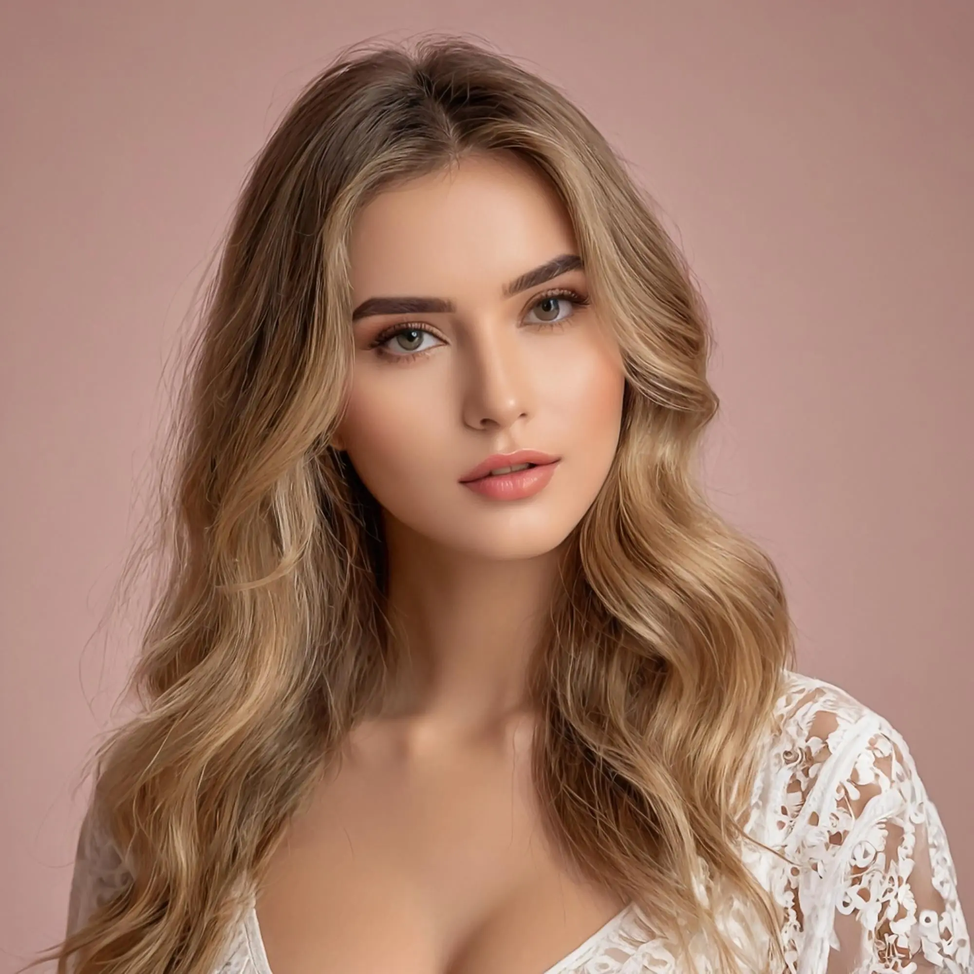 In Cape Coral, FL, at Refresh MedSpa, a young blonde woman in a white lace top poses before a pink background, radiating smooth skin.