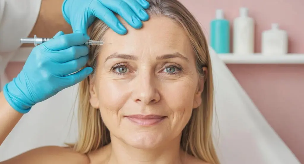 A woman receives a cosmetic injection in her forehead from a person wearing blue gloves in a medical or spa setting.