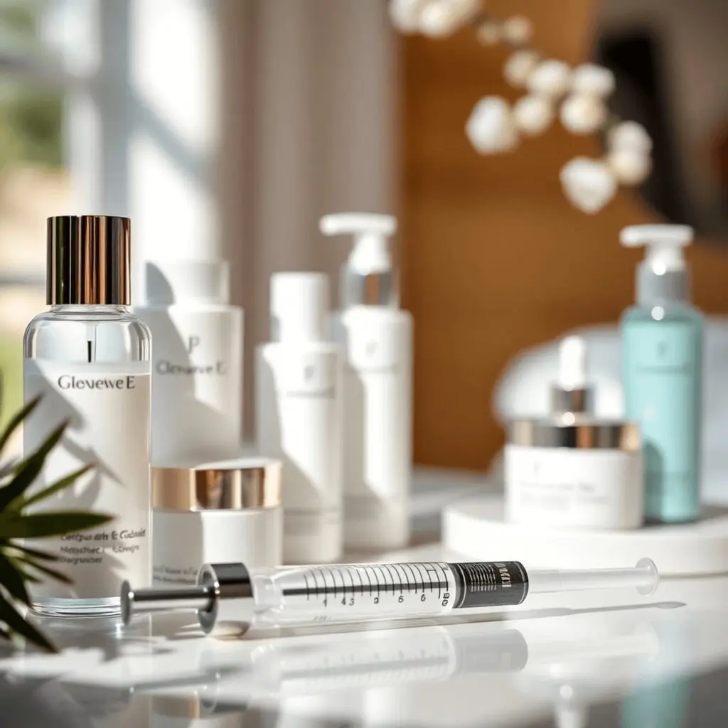 A collection of skincare products and two syringes are arranged on a bright, reflective surface.