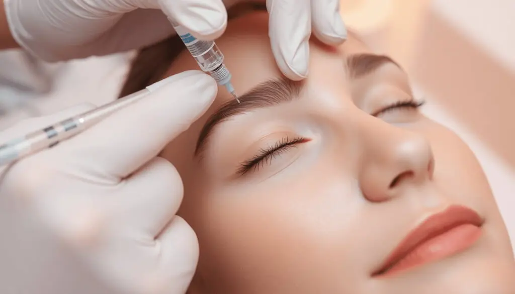 A person receives a cosmetic injection above the eyebrow while lying down with eyes closed; a gloved hand holds the syringe.