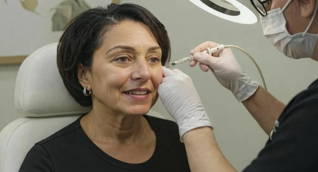 A woman receives a cosmetic facial injection from a medical professional wearing gloves and a mask in a clinical setting.