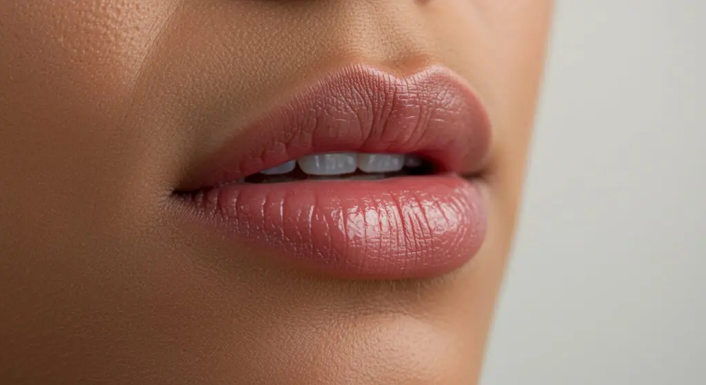 Close-up of a person's slightly parted lips with smooth, glossy light pink lipstick and visible skin texture.