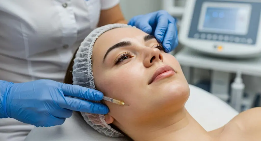 A person wearing a hair cap receives a cosmetic injection in the cheek from a gloved professional in a clinical setting.