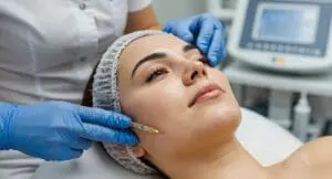 A person wearing a hair cover receives a facial injection from a professional in blue gloves in a clinical setting.