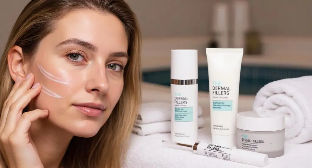 A woman touches her face with white cream lines on her cheek, next to a set of skincare products labeled "TNE Dermal Fillers" on a towel.