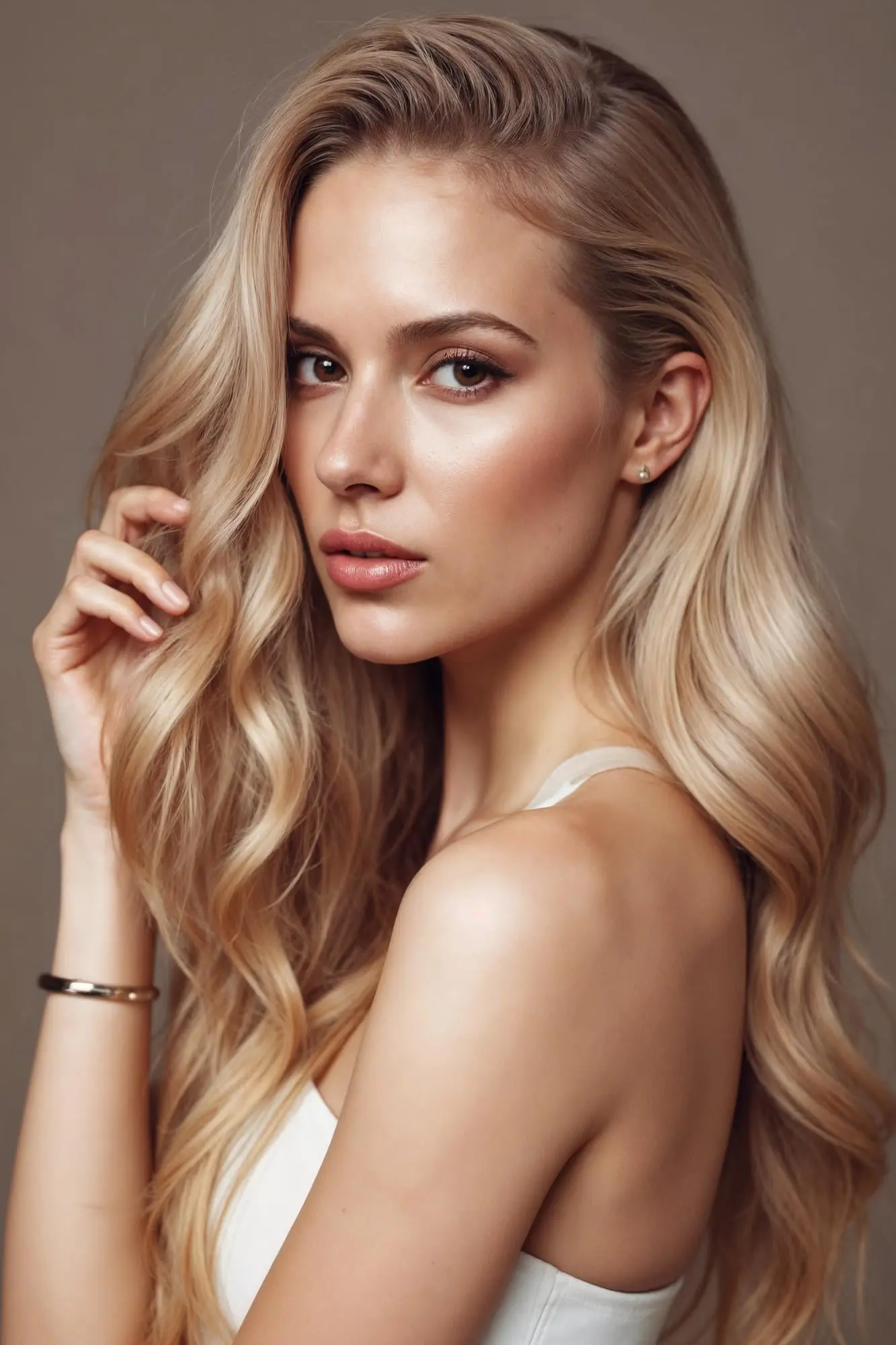 A young woman with clear skin at Refresh MedSpa in Cape Coral, FL, wears a white sleeveless top and looks confidently at the camera.
