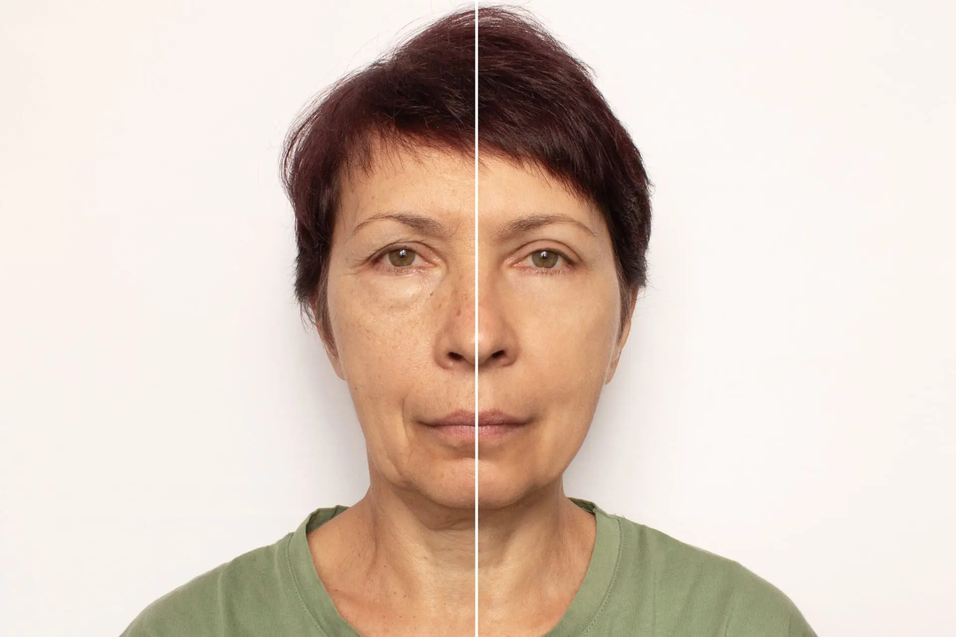 A middle-aged woman’s face is split down the middle—one side aged, the other youthful—highlighting the effects of Botox. She wears a green shirt and stands against a plain background, showcasing transformation in Cape Coral.