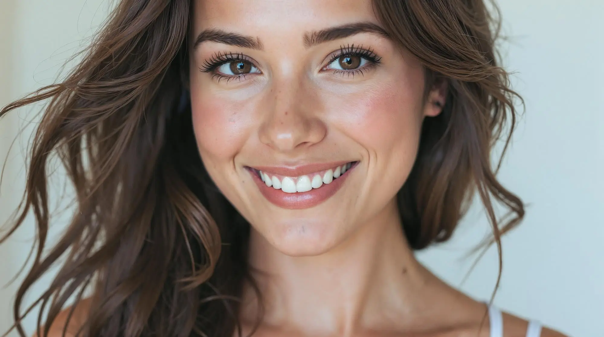 A young woman with long brown hair and glowing skin smiles, showcasing Forever Clear BBL at Refresh MedSpa.