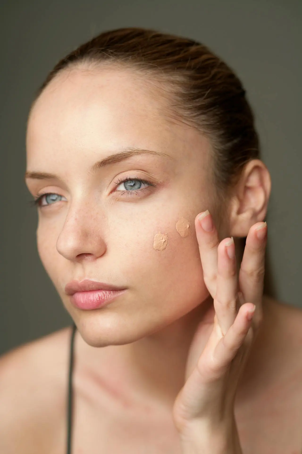 At Refresh MedSpa, a woman applies foundation to her cheek in three dots, echoing Xeomin injection precision.