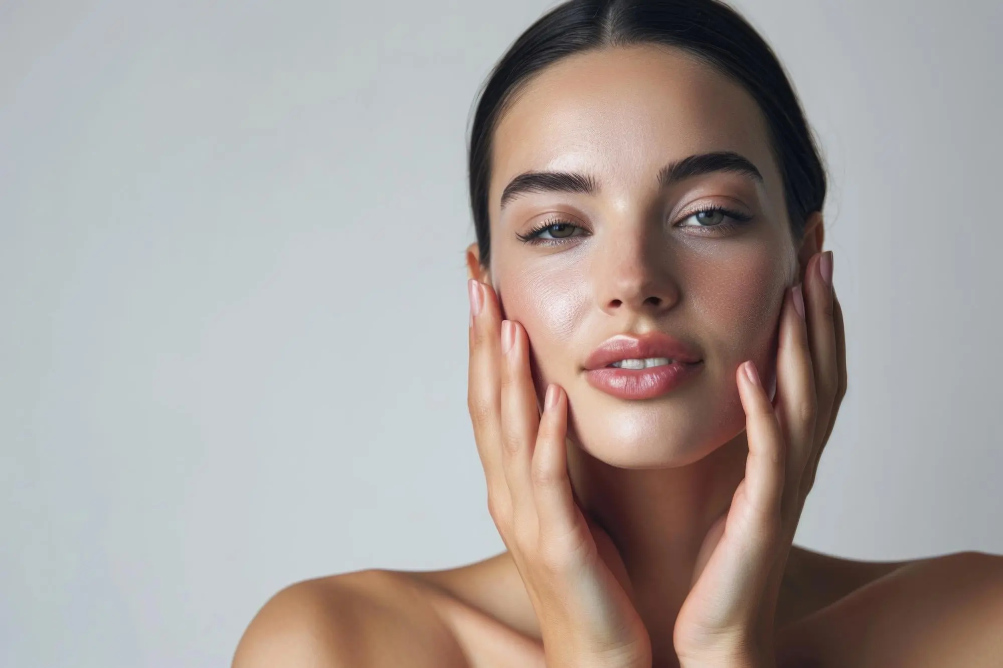 A woman with smooth skin touches her face, looking calm and relaxed after a HydraFacial at Refresh MedSpa.