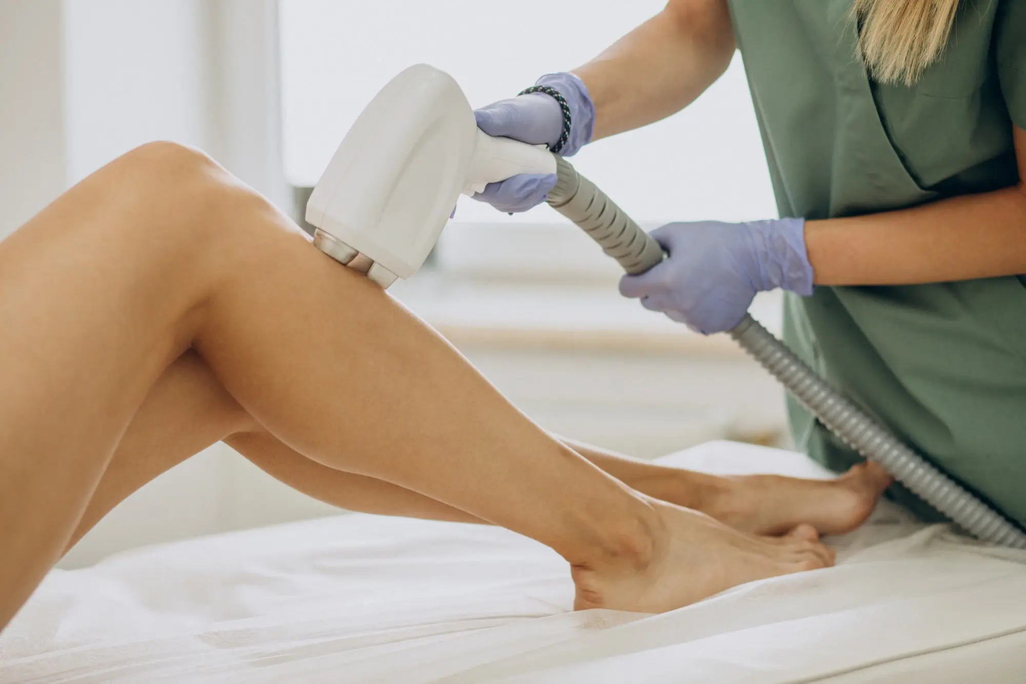A professional at Refresh MedSpa in Cape Coral, FL uses a handheld laser device on a client's lower legs, likely providing a laser hair removal treatment.