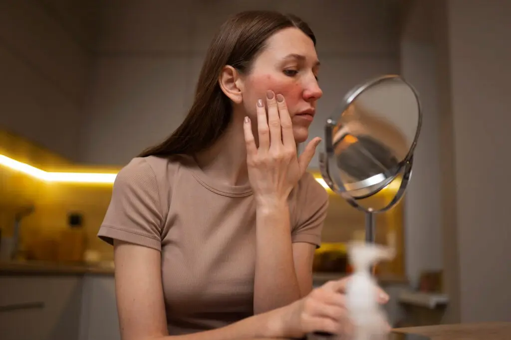 In a kitchen, a woman with long brown hair checks redness on her cheek in a round mirror, thinking about rosacea flare-up triggers and common causes to avoid at Refresh MedSpa in Cape Coral, FL.